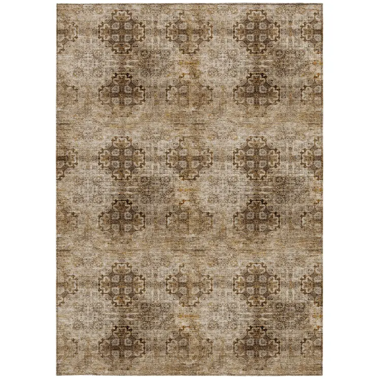3' X 5' Taupe Floral Medallion Washable Non Skid Indoor Outdoor Area Rug