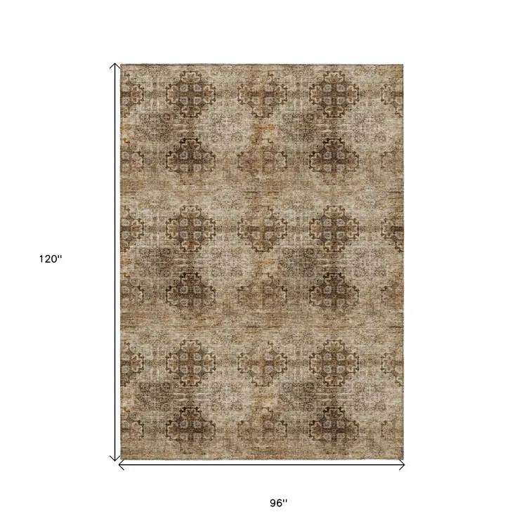 8' X 10' Taupe Floral Medallion Washable Non Skid Indoor Outdoor Area Rug