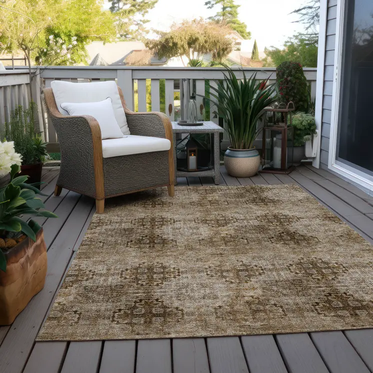 8' X 10' Taupe Floral Medallion Washable Non Skid Indoor Outdoor Area Rug