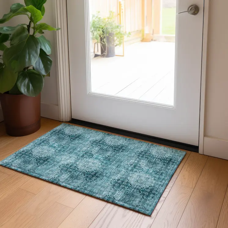 2' X 3' Teal Floral Medallion Washable Non Skid Indoor Outdoor Area Rug