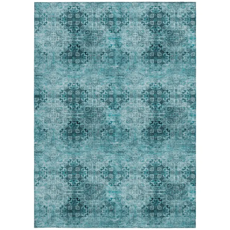 3' X 5' Teal Floral Medallion Washable Non Skid Indoor Outdoor Area Rug