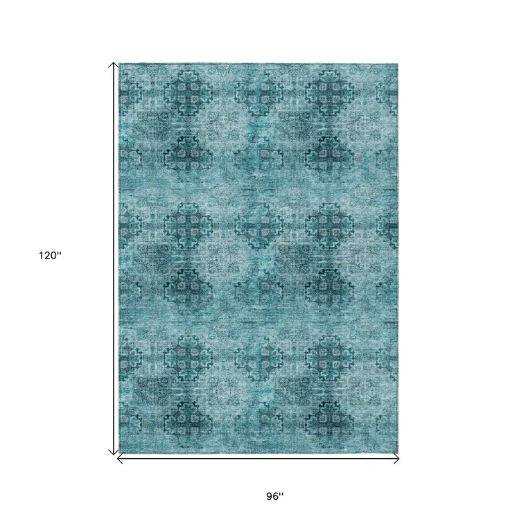 8' X 10' Teal Floral Medallion Washable Non Skid Indoor Outdoor Area Rug