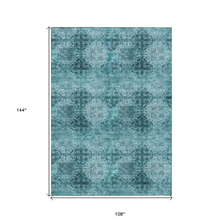 9' X 12' Teal Floral Medallion Washable Non Skid Indoor Outdoor Area Rug