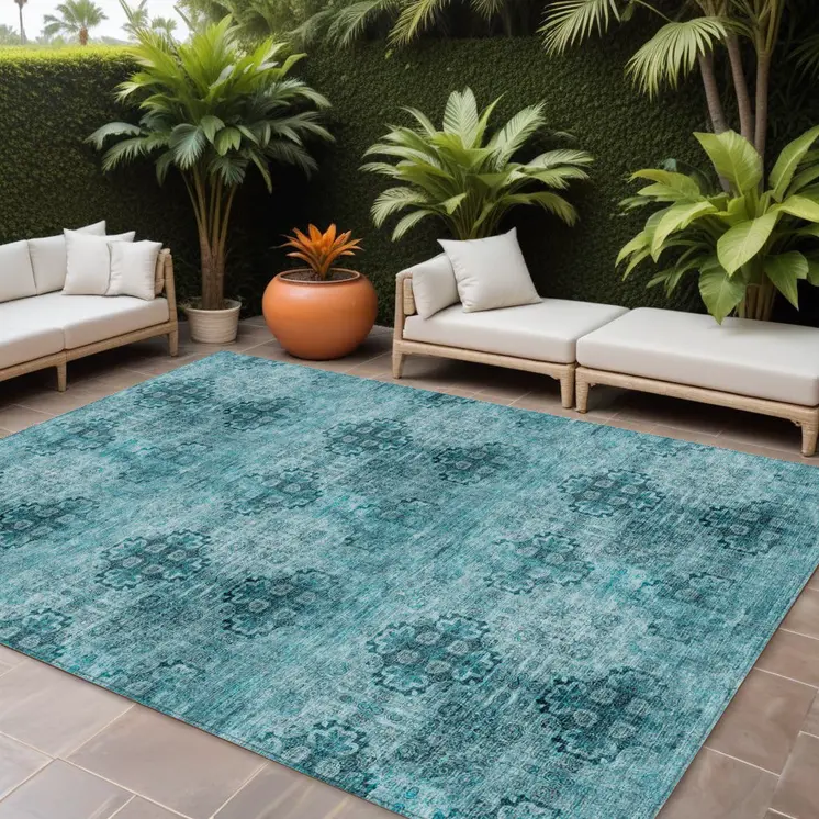 9' X 12' Teal Floral Medallion Washable Non Skid Indoor Outdoor Area Rug