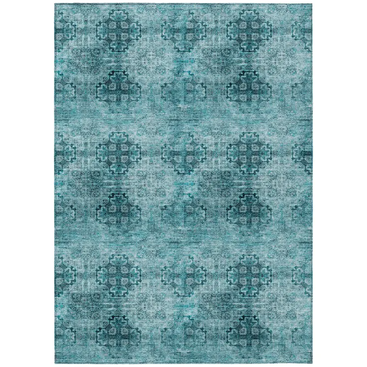 9' X 12' Teal Floral Medallion Washable Non Skid Indoor Outdoor Area Rug