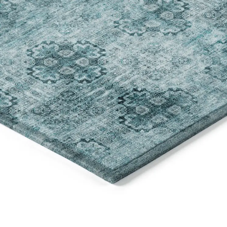 9' X 12' Teal Floral Medallion Washable Non Skid Indoor Outdoor Area Rug