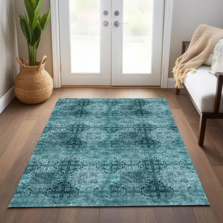 9' X 12' Teal Floral Medallion Washable Non Skid Indoor Outdoor Area Rug
