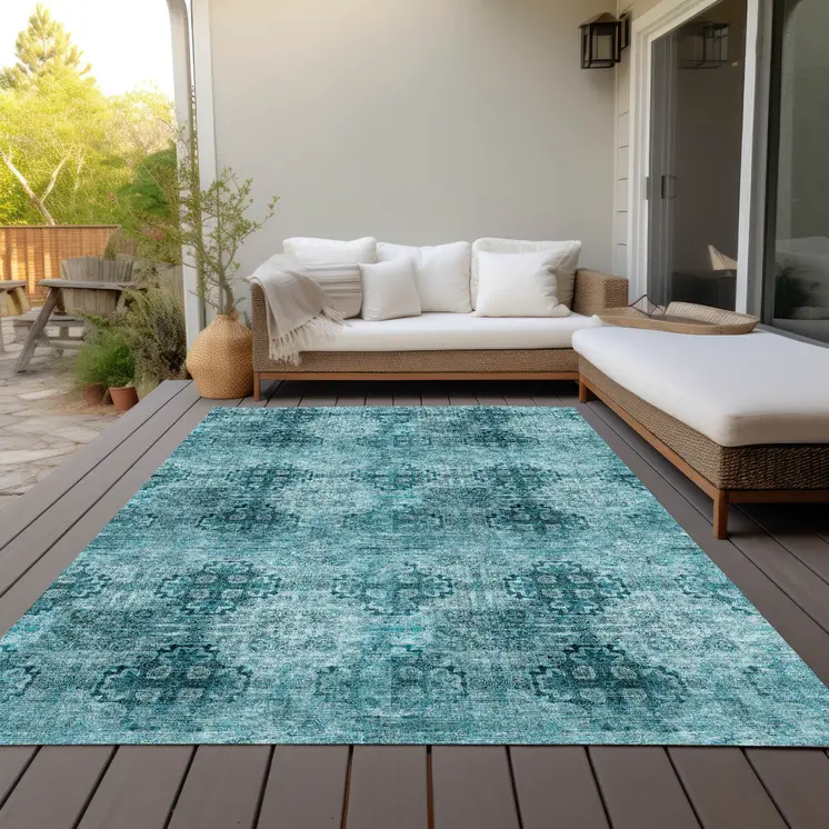9' X 12' Teal Floral Medallion Washable Non Skid Indoor Outdoor Area Rug