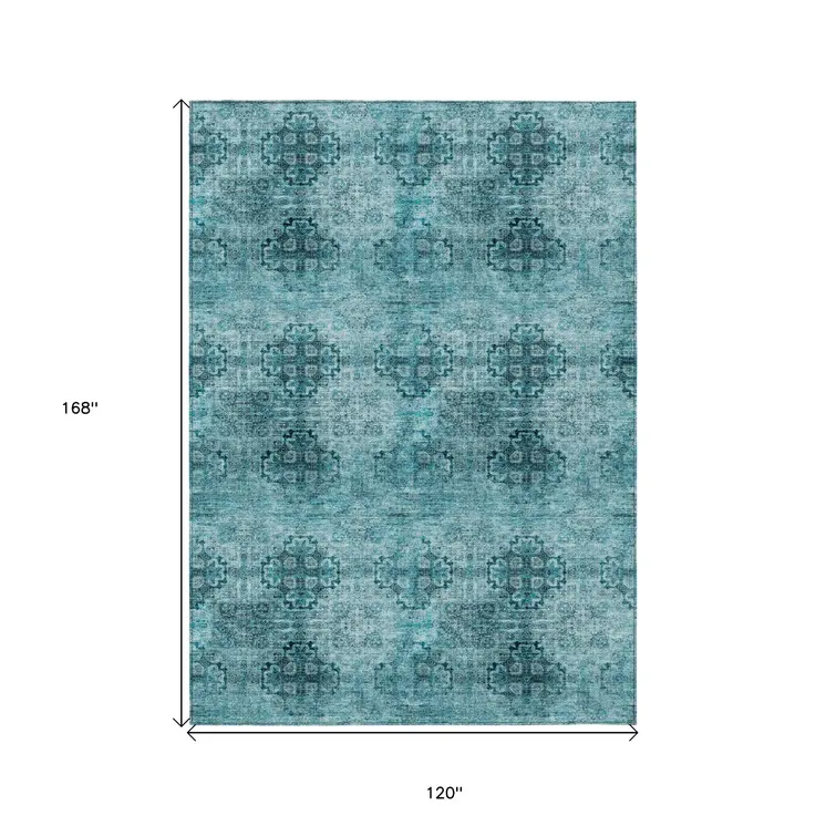 10' X 14' Teal Floral Medallion Washable Non Skid Indoor Outdoor Area Rug