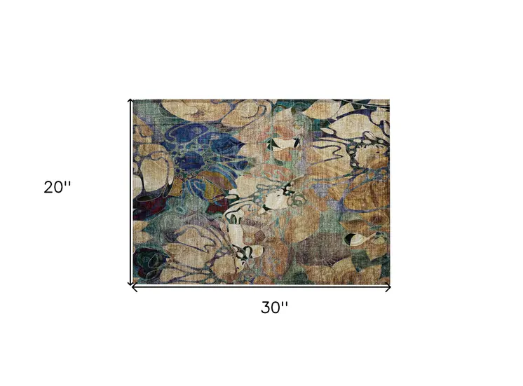 2' X 3' Beige and Blue Abstract Washable Indoor Outdoor Area Rug