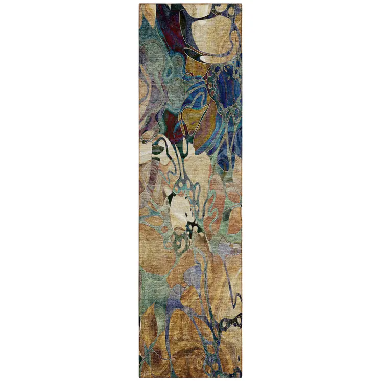 2' X 8' Beige and Blue Abstract Washable Indoor Outdoor Runner Rug