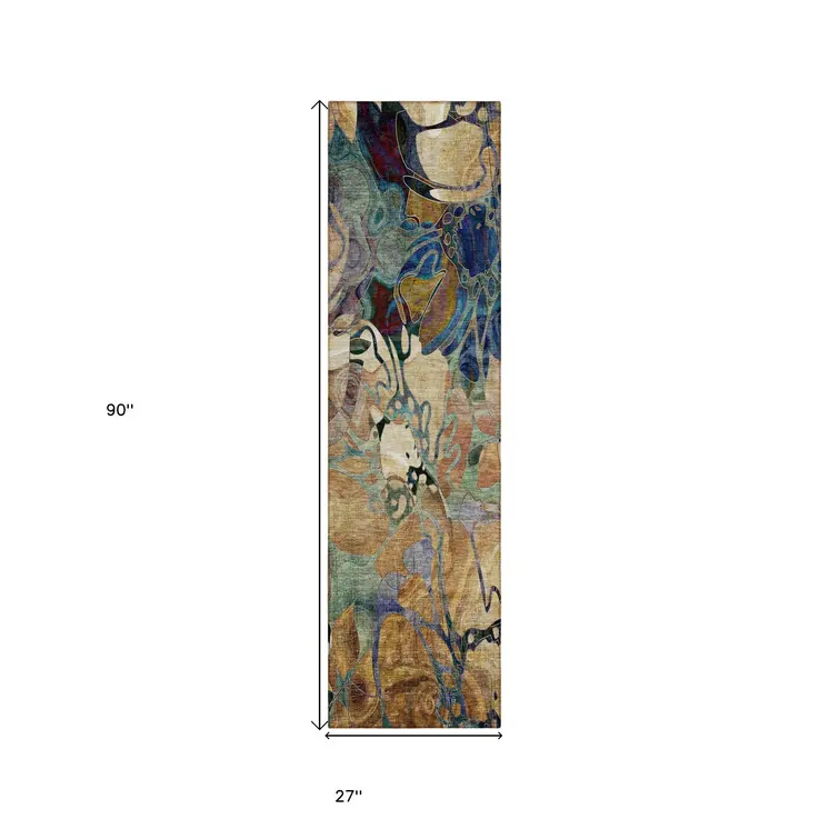 2' X 8' Beige and Blue Abstract Washable Indoor Outdoor Runner Rug