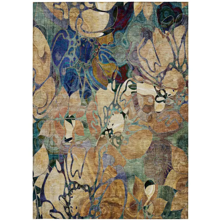 5' X 8' Beige and Blue Abstract Washable Indoor Outdoor Area Rug