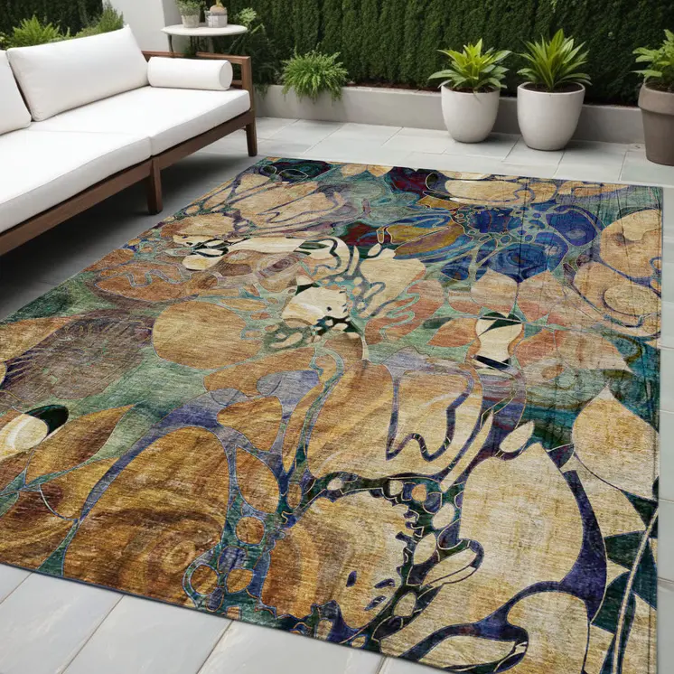 5' X 8' Beige and Blue Abstract Washable Indoor Outdoor Area Rug