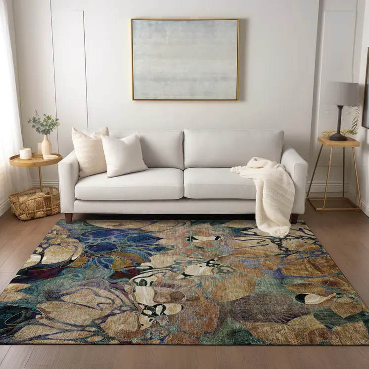 5' X 8' Beige and Blue Abstract Washable Indoor Outdoor Area Rug