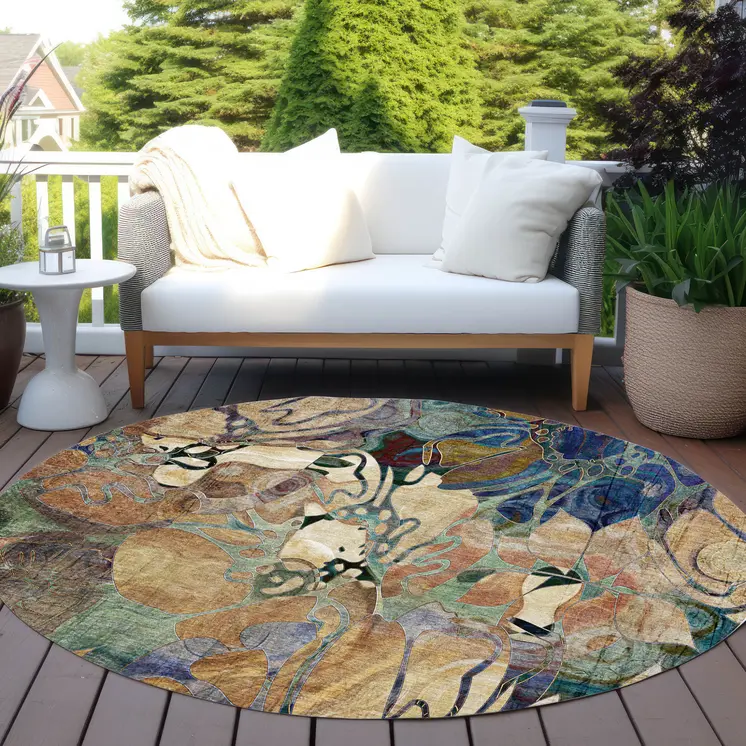 8' X 8' Beige and Blue Round Abstract Washable Indoor Outdoor Area Rug