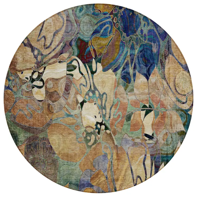 8' X 8' Beige and Blue Round Abstract Washable Indoor Outdoor Area Rug