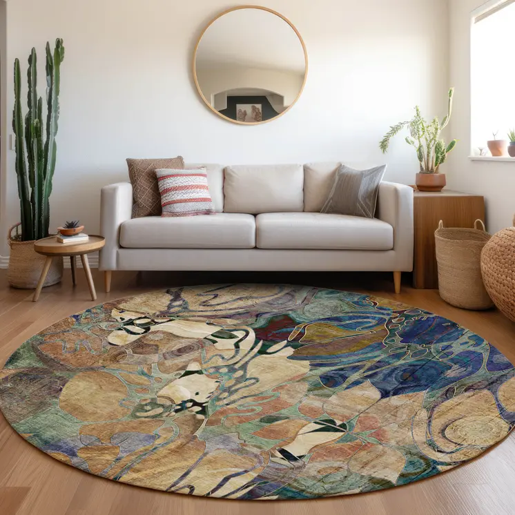 8' X 8' Beige and Blue Round Abstract Washable Indoor Outdoor Area Rug