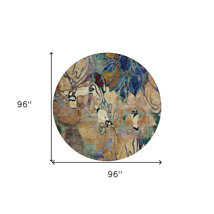 8' X 8' Beige and Blue Round Abstract Washable Indoor Outdoor Area Rug