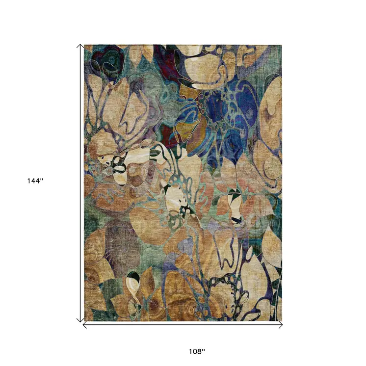 9' X 12' Beige And Blue Abstract Washable Indoor Outdoor Area Rug