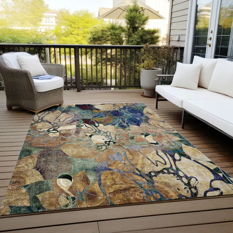9' X 12' Beige And Blue Abstract Washable Indoor Outdoor Area Rug