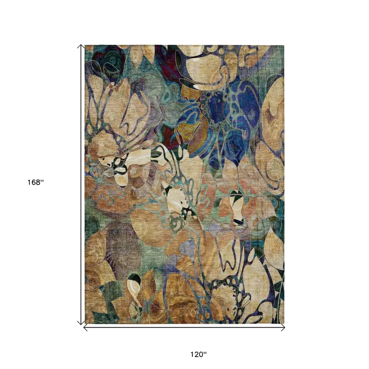 10' X 14' Beige and Blue Abstract Washable Indoor Outdoor Area Rug
