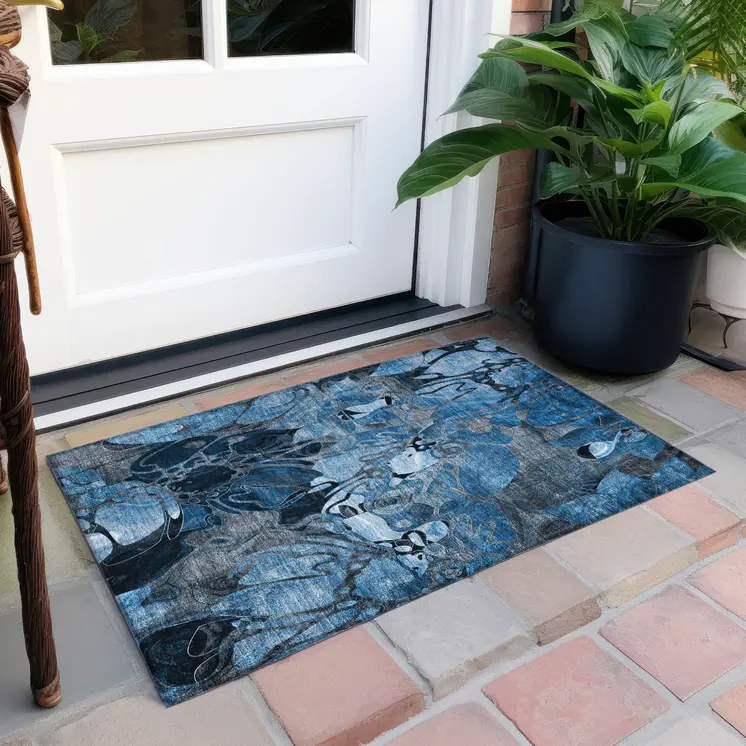 2' X 3' Blue and Gray Abstract Washable Indoor Outdoor Area Rug