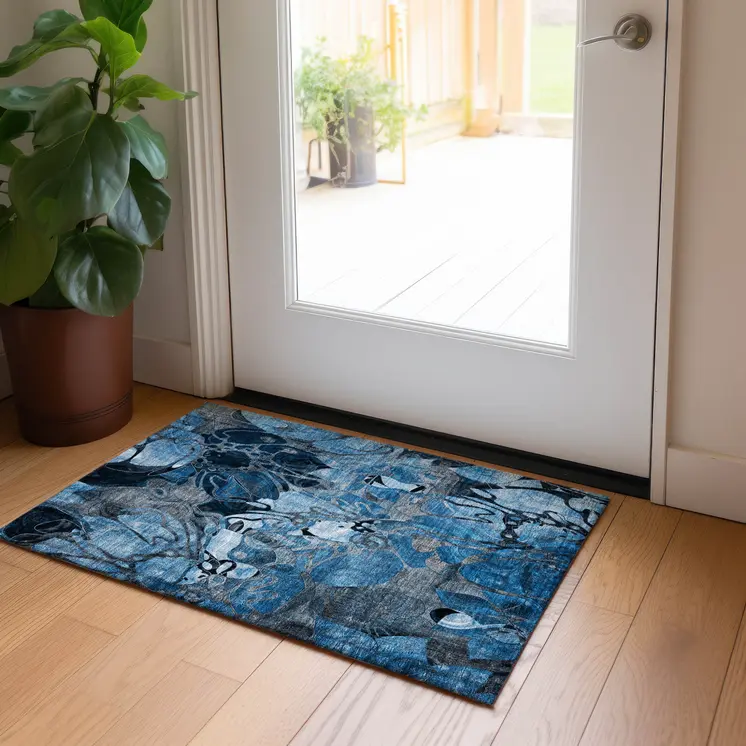 2' X 3' Blue and Gray Abstract Washable Indoor Outdoor Area Rug