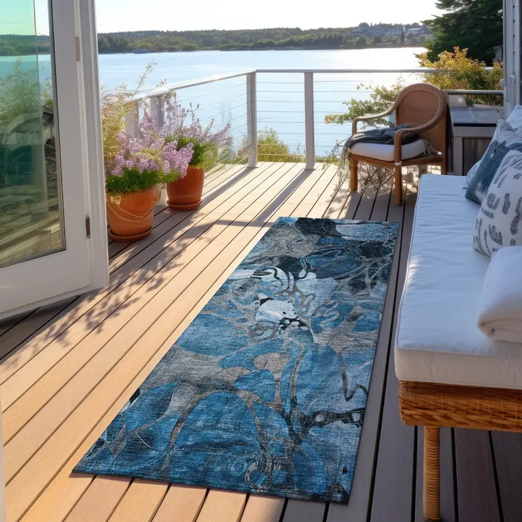 2' X 8' Blue and Gray Abstract Washable Indoor Outdoor Runner Rug