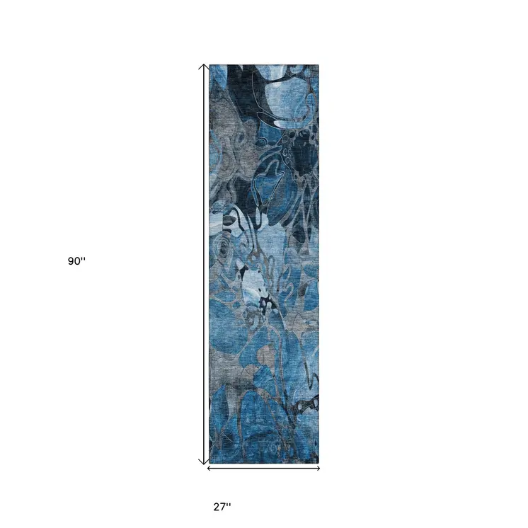 2' X 8' Blue and Gray Abstract Washable Indoor Outdoor Runner Rug