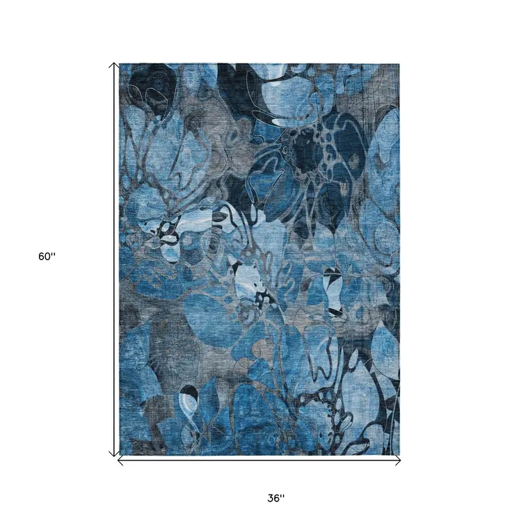 3' X 5' Blue and Gray Abstract Washable Indoor Outdoor Area Rug