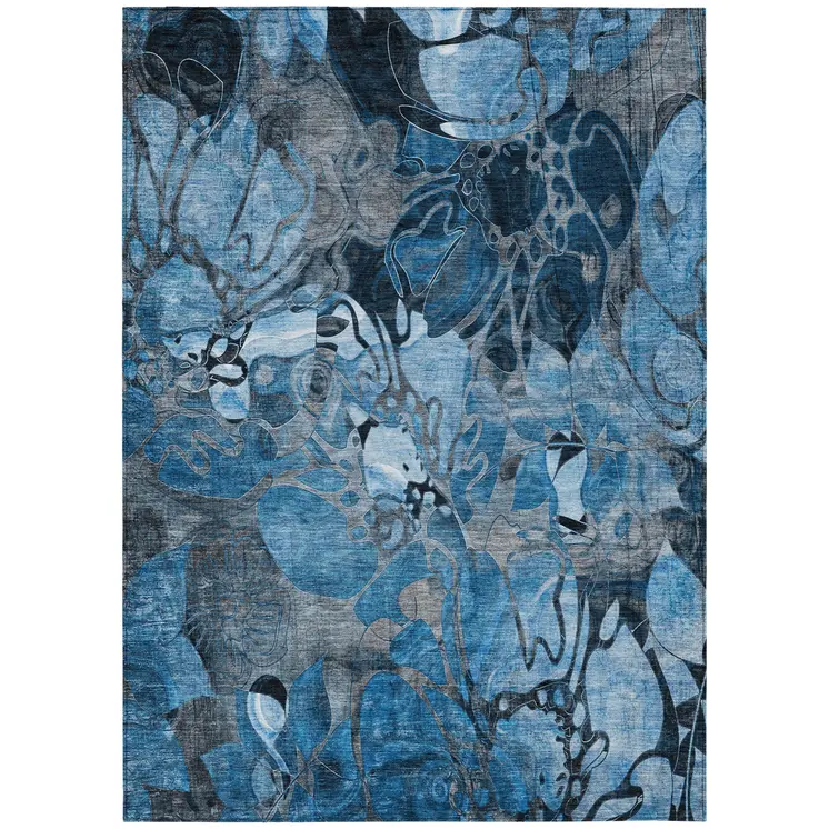 3' X 5' Blue and Gray Abstract Washable Indoor Outdoor Area Rug