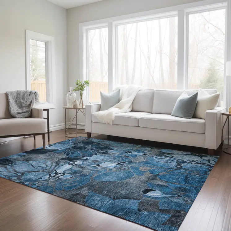 3' X 5' Blue and Gray Abstract Washable Indoor Outdoor Area Rug