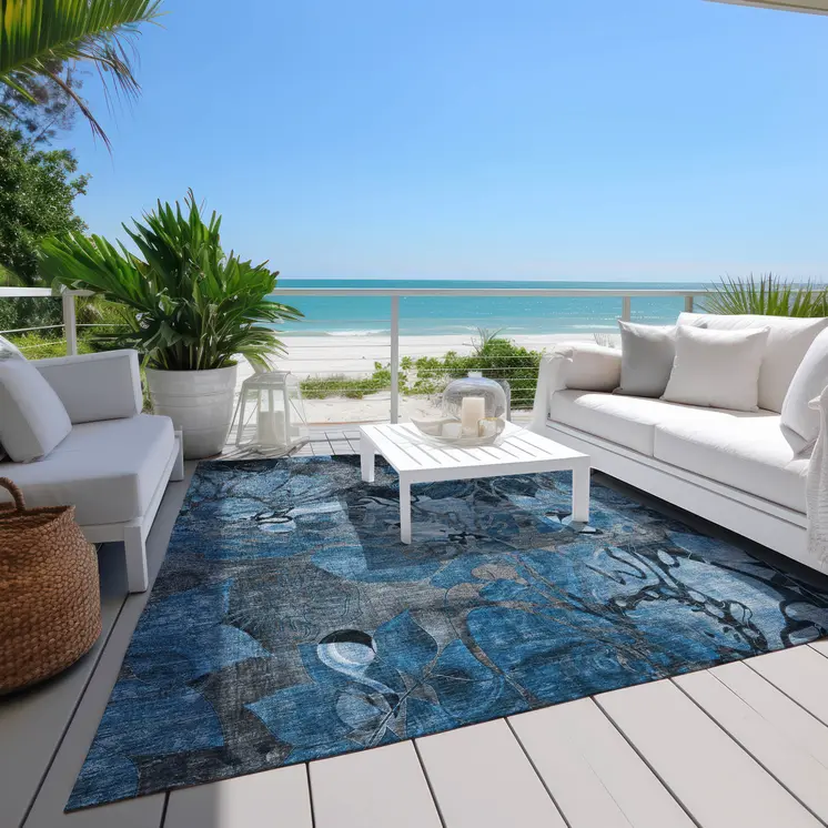8' X 10' Blue and Gray Abstract Washable Indoor Outdoor Area Rug