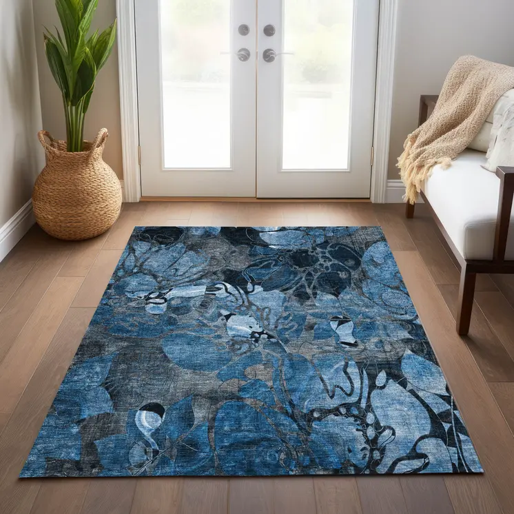 8' X 10' Blue and Gray Abstract Washable Indoor Outdoor Area Rug