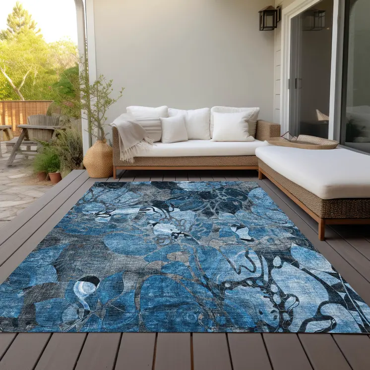 8' X 10' Blue and Gray Abstract Washable Indoor Outdoor Area Rug