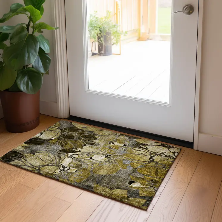 2' X 3' Green and Brown Abstract Washable Indoor Outdoor Area Rug