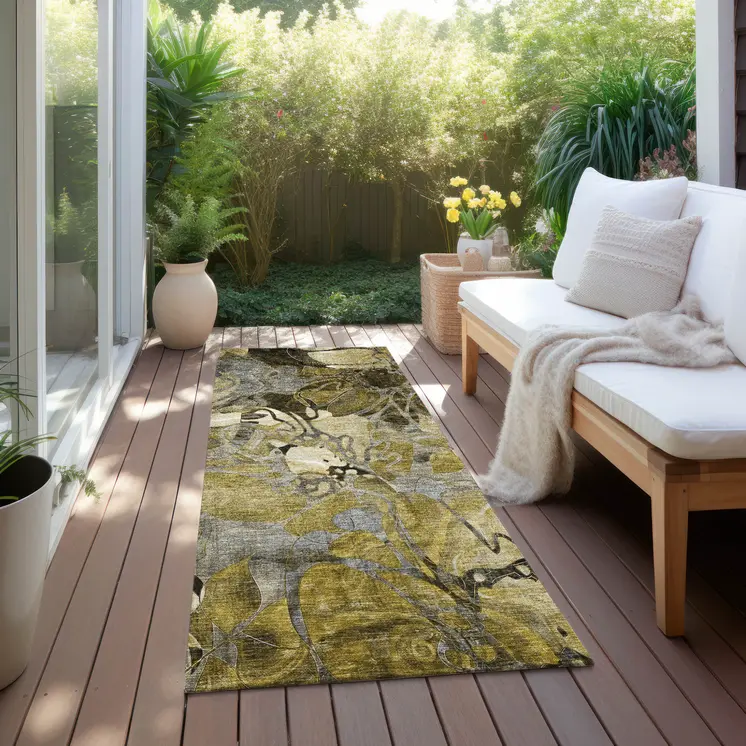 2' X 8' Green and Brown Abstract Washable Indoor Outdoor Runner Rug