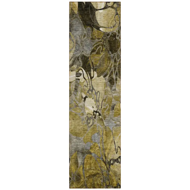 2' X 8' Green and Brown Abstract Washable Indoor Outdoor Runner Rug