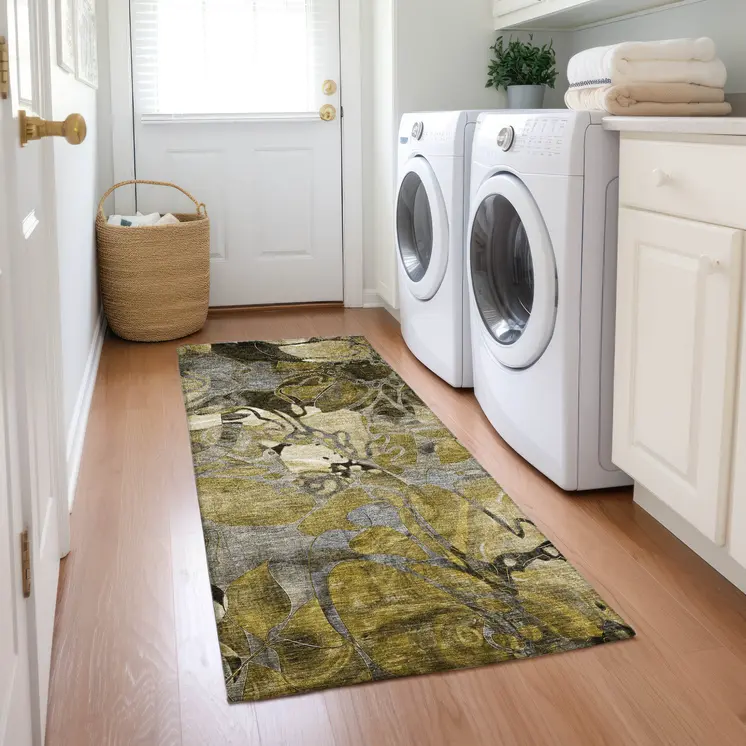 2' X 8' Green and Brown Abstract Washable Indoor Outdoor Runner Rug