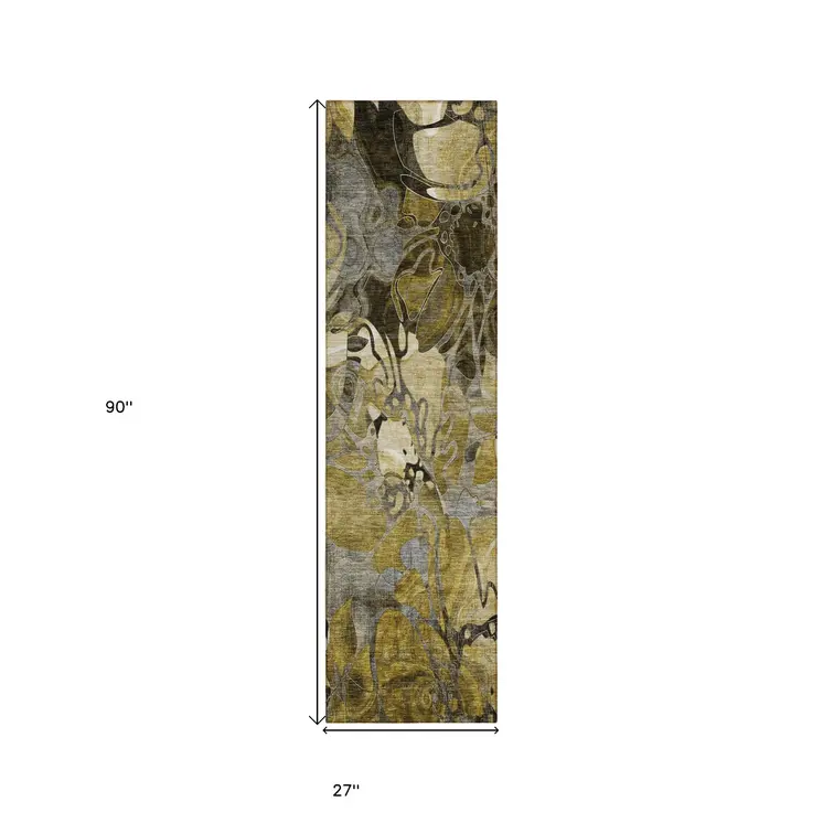 2' X 8' Green and Brown Abstract Washable Indoor Outdoor Runner Rug