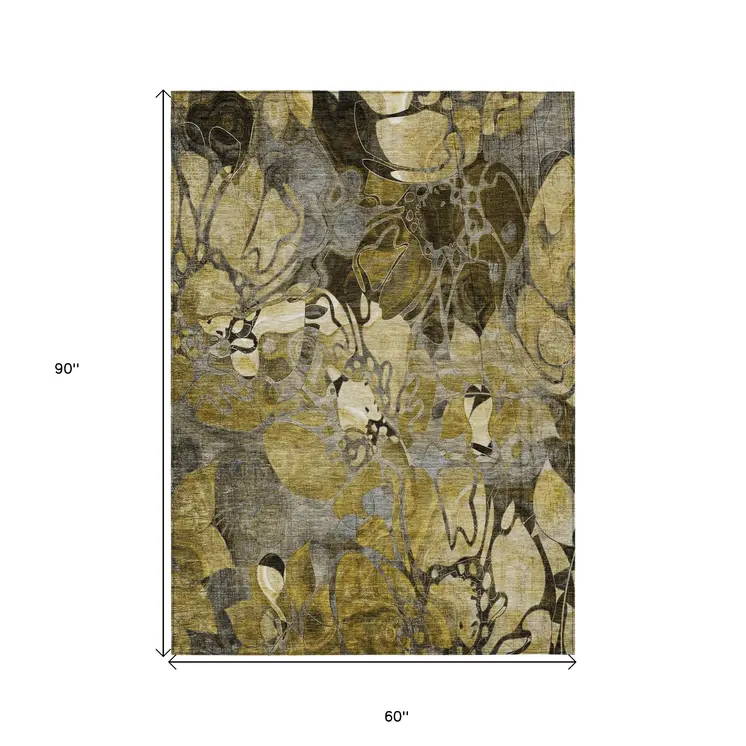 5' X 8' Green and Brown Abstract Washable Indoor Outdoor Area Rug