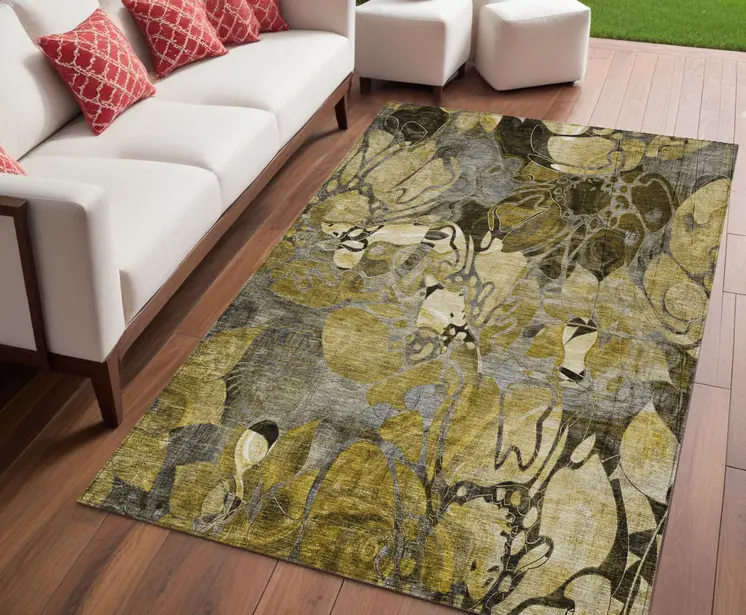 5' X 8' Green and Brown Abstract Washable Indoor Outdoor Area Rug