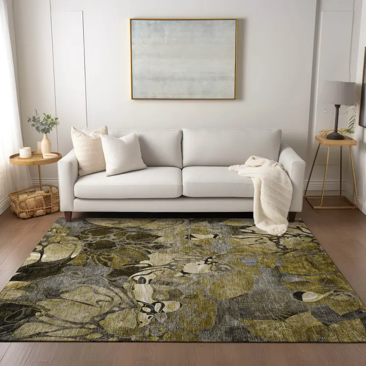5' X 8' Green and Brown Abstract Washable Indoor Outdoor Area Rug