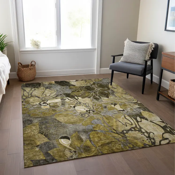 5' X 8' Green and Brown Abstract Washable Indoor Outdoor Area Rug