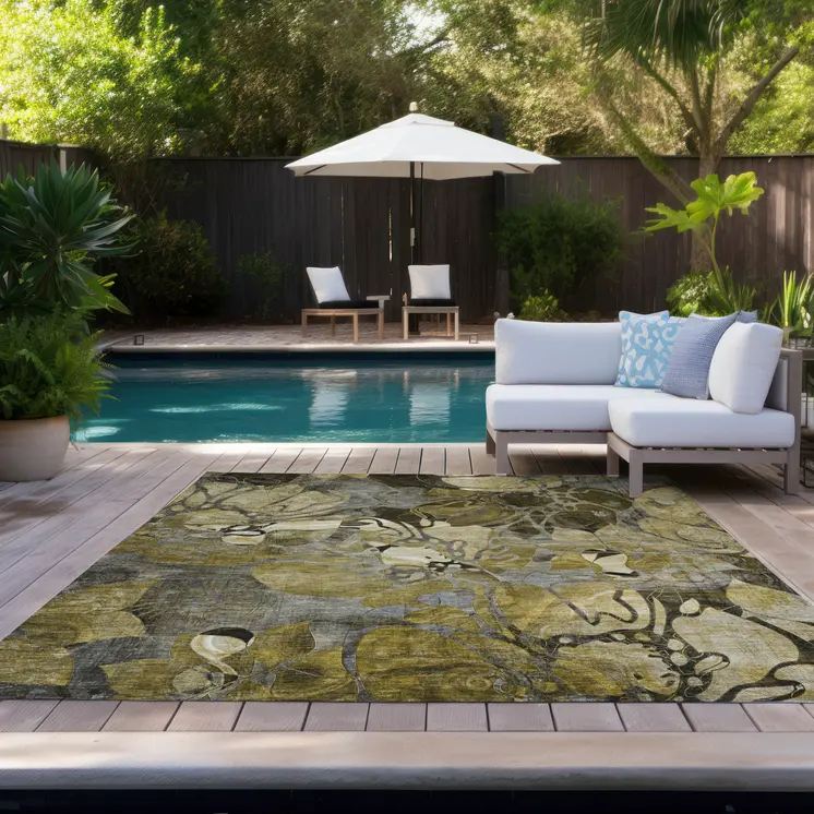 5' X 8' Green and Brown Abstract Washable Indoor Outdoor Area Rug