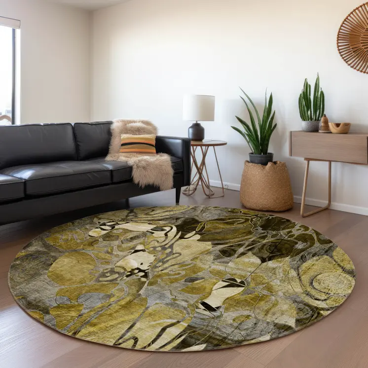8' X 8' Green and Brown Round Abstract Washable Indoor Outdoor Area Rug