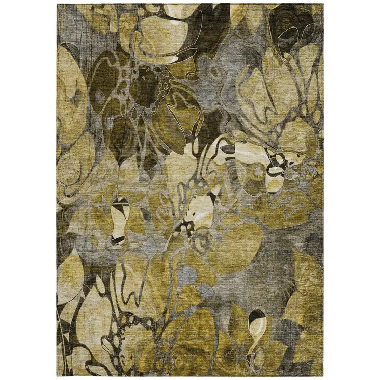 9' X 12' Green And Brown Floral Washable Indoor Outdoor Area Rug