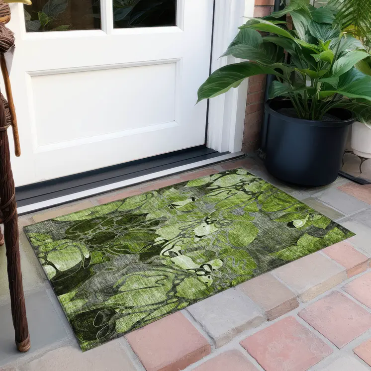 2' X 3' Fern Green and Gray Floral Washable Non Skid Indoor Outdoor Area Rug