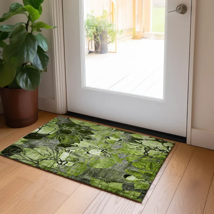 2' X 3' Fern Green and Gray Floral Washable Non Skid Indoor Outdoor Area Rug